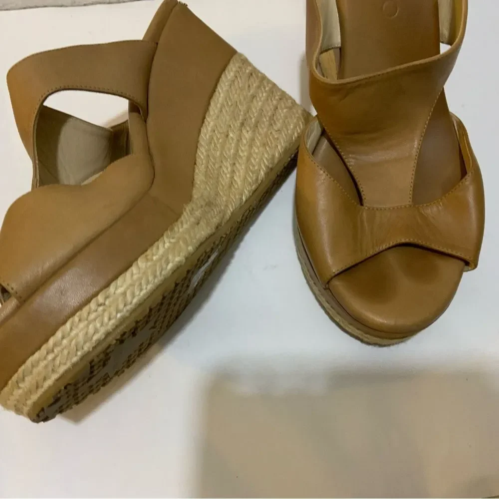 Jimmy Choo Vachetta Leather Teak Espadrille Wedge Sandal 38.5